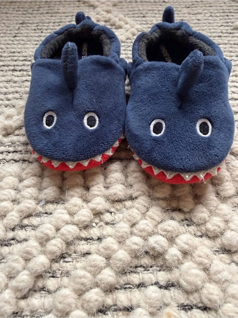 Lands' End Navy Shark Plush Slipper Booties